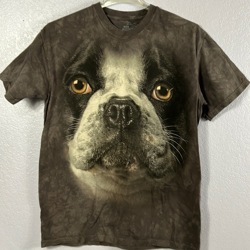 The Mountain French bulldog dog face tie-dye T-shirt, size large